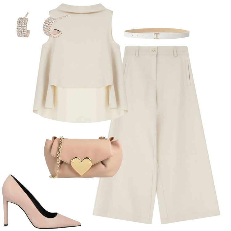 Outfit donna - White. Stile Glamour per Tutti i giorni. Abbinamento con borse a tracolla, décolleté, orecchini, top, pantaloni a palazzo, cinture.