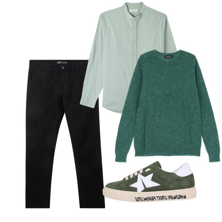 Outfit uomo - Marzo. Stile Casual per Tutti i giorni. Abbinamento con camicie, pantaloni chino, sneakers, maglieria.