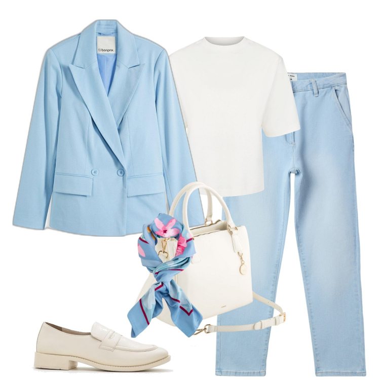 Outfit donna - Toni chiari primaverili. Stile Urban per Tutti i giorni. Abbinamento con mocassini, blazer, jeans skinny, foulard, t-shirt, borse a mano.
