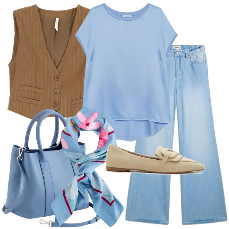 Outfit donna - Essenza di primavera. Stile Urban per Tutti i giorni. Abbinamento con jeans, mocassini, gilet, bluse, borse a mano, foulard.