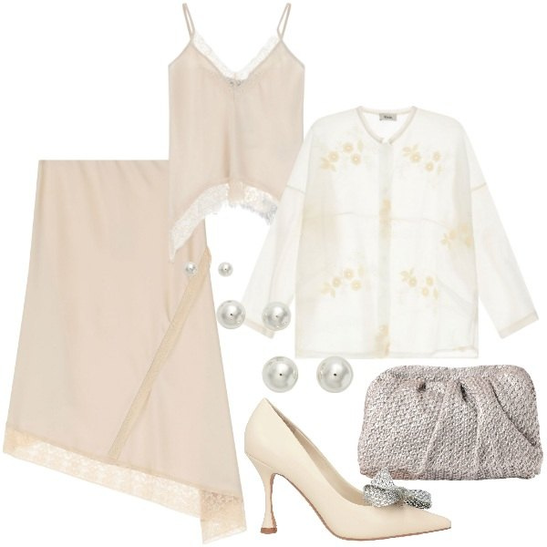 Outfit donna - Sheer Eleganze - Trasparenze con stile. Stile Chic per Cerimonia. Abbinamento con décolleté, clutch, gonne longuette, camicie, top, orecchini.