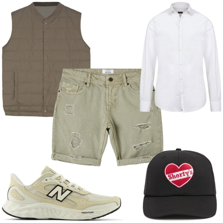 Outfit uomo - Total look #2082058. Stile Trendy per Tutti i giorni. Abbinamento con bermuda, sneakers, gilet, cappelli, camicie.