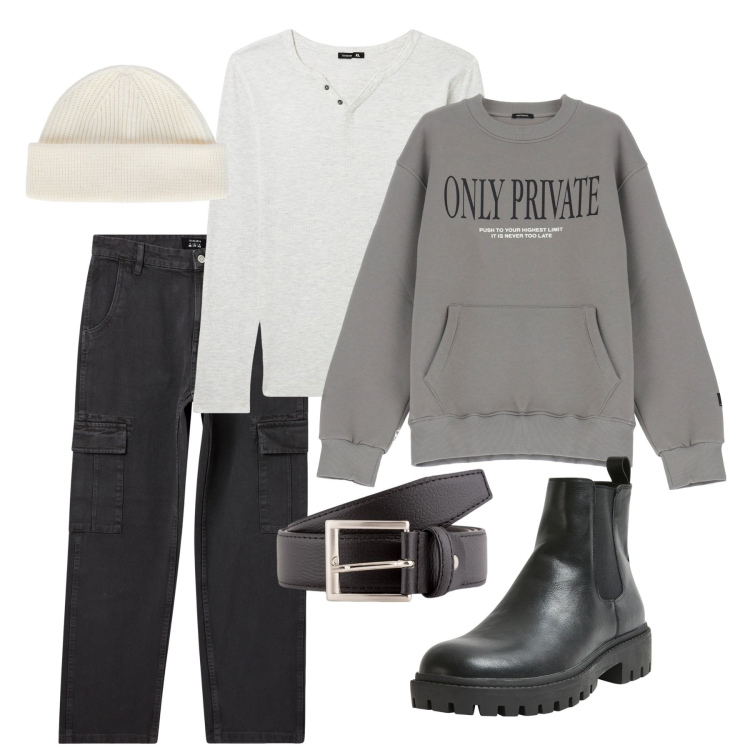 Outfit uomo - Fine inverno. Stile Urban per Tutti i giorni. Abbinamento con pantaloni cargo, stivali e stivaletti, t-shirt, felpe, berretti, cinture.