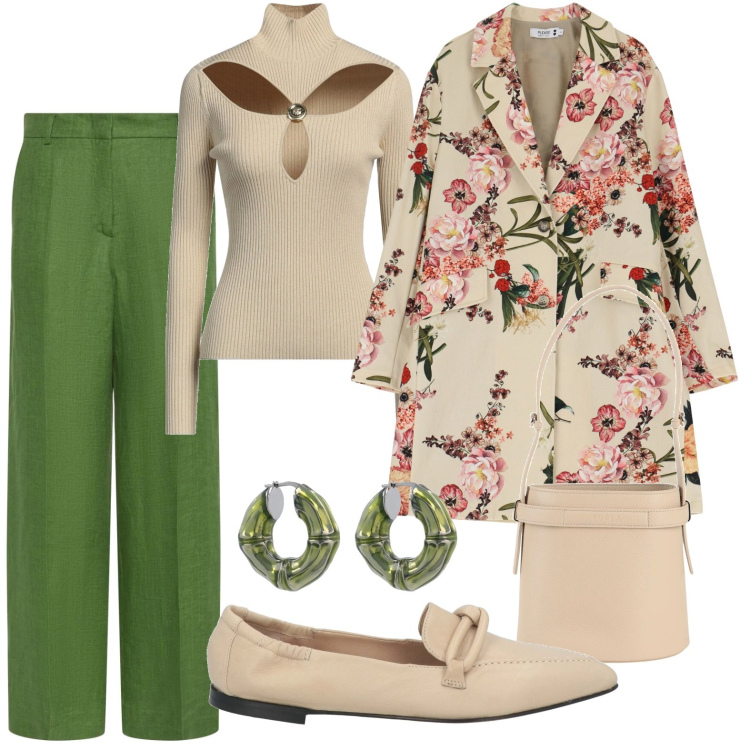 Outfit donna - Colori della natura. Stile Bon Ton per Serata fuori. Abbinamento con maglieria, borse a mano, mocassini, trench, orecchini, pantaloni.