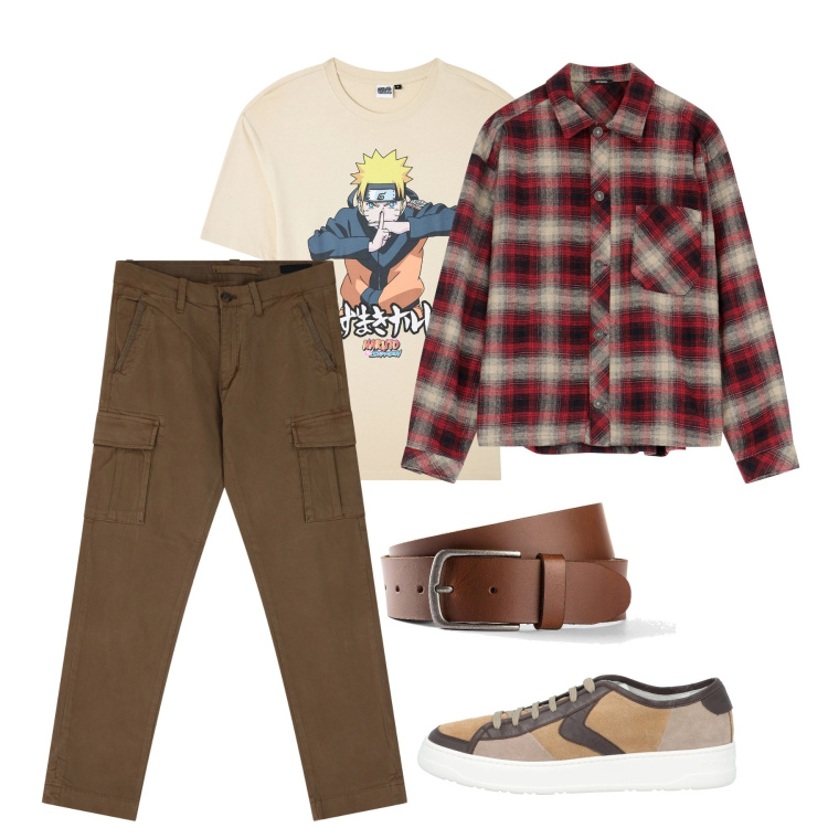 Outfit uomo - Marzo. Stile Casual per Tutti i giorni. Abbinamento con cinture, sneakers, t-shirt, pantaloni cargo, camicie.