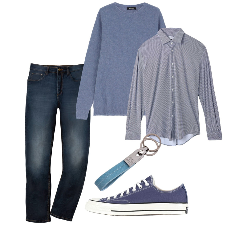 Outfit uomo - Casual blu. Stile Casual per Tutti i giorni. Abbinamento con jeans dritti, sneakers, camicie, maglieria, portachiavi.