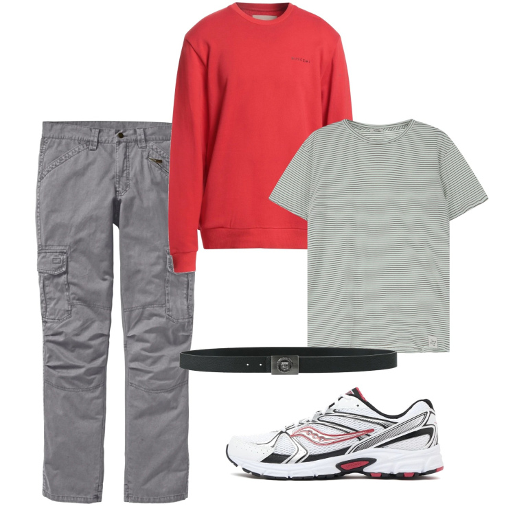 Outfit uomo - Rosso sgargiante. Stile Urban per Tutti i giorni. Abbinamento con pantaloni cargo, cinture, felpe, t-shirt, sneakers.