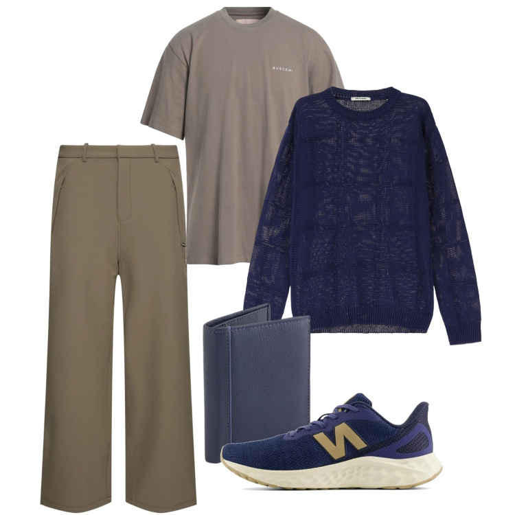 Outfit uomo - Il portafogli blu. Stile Casual per Tutti i giorni. Abbinamento con t-shirt, sneakers, pullovers, pantaloni, portafogli.