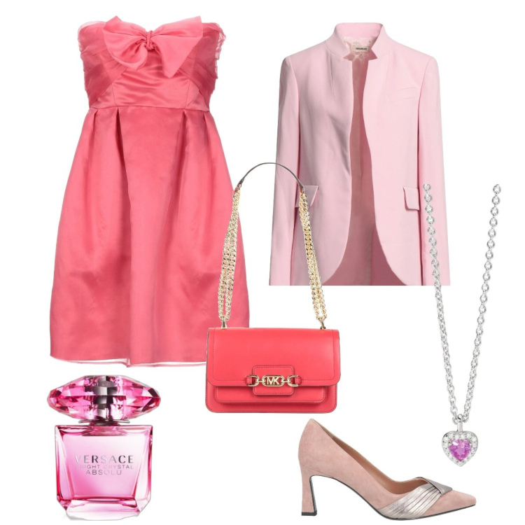 Outfit donna - Total look #2082082. Stile Glamour per Cerimonia. Abbinamento con borse a spalla, vestiti corti, blazer, décolleté, profumi, ciondoli.