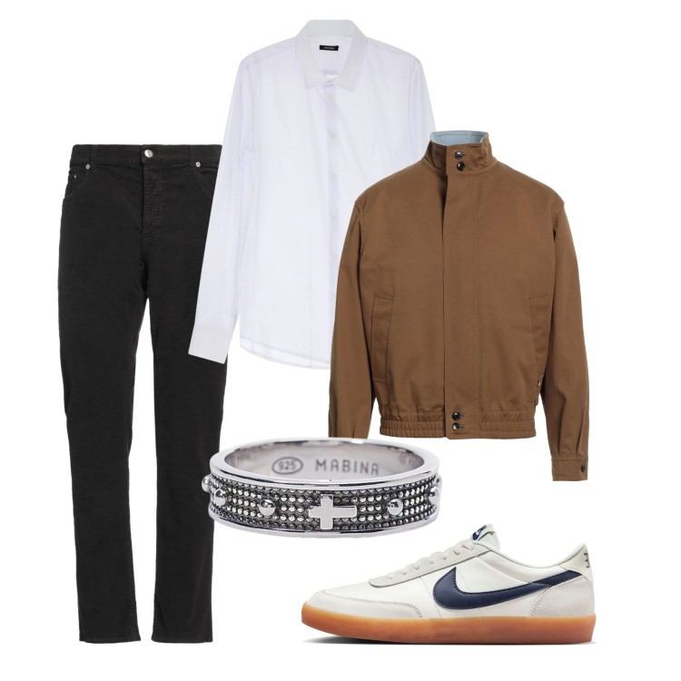 Outfit uomo - Marzo in nero e cammello. Stile Casual per Tutti i giorni. Abbinamento con pantaloni, giacche, anelli, camicie, sneakers.