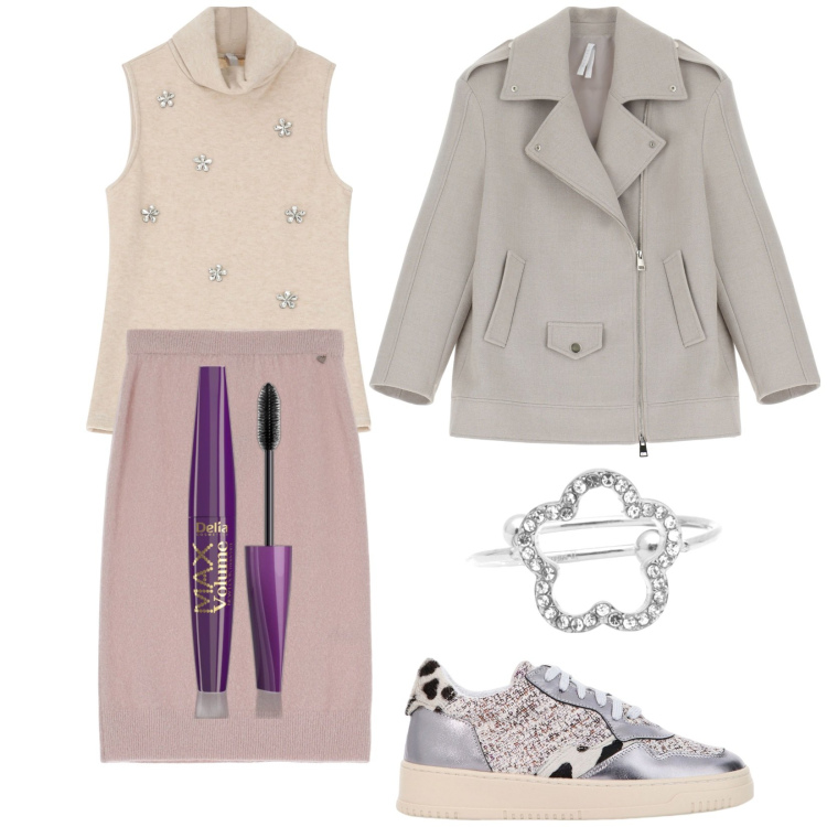 Outfit donna - Marzo di sera. Stile Casual chic per Serata fuori. Abbinamento con mascara, blazer, maglieria, sneakers, anelli, gonne longuette.