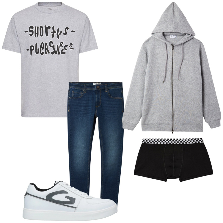 Outfit uomo - Total look #2082095. Stile Casual per Tutti i giorni. Abbinamento con sneakers, boxer, jeans skinny, felpe, t-shirt.