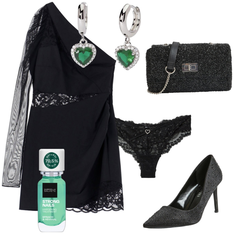 Outfit donna - Sexy boho. Stile Boho per Serata fuori. Abbinamento con smalti, décolleté, borse a tracolla, culotte, orecchini, vestiti asimmetrici.