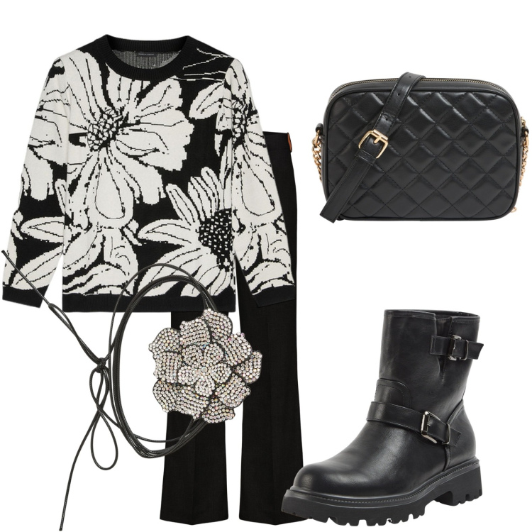 Outfit donna - Il fascino dei fiori. Stile Casual chic per Tutti i giorni. Abbinamento con stivaletti, collane, borse a tracolla, maglieria, pantaloni.