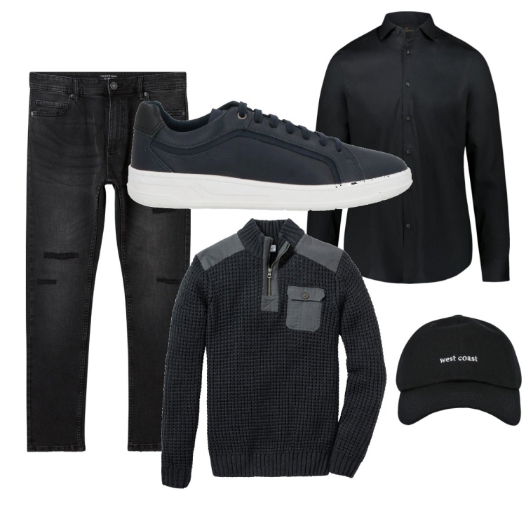 Outfit uomo - Total black. Stile Trendy per Tutti i giorni. Abbinamento con maglieria, sneakers, jeans strappati, cappelli con visiera, camicie.