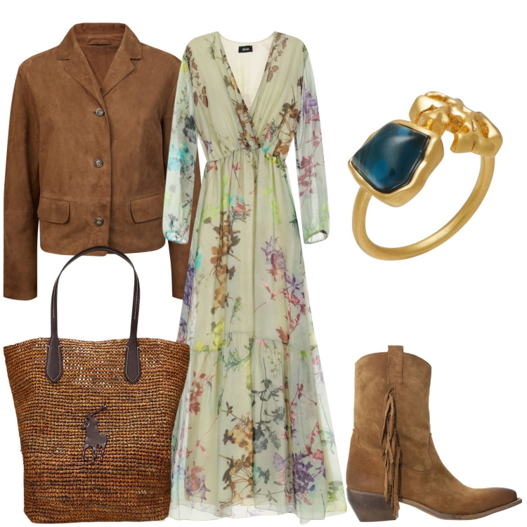 Outfit donna - Primavera boho. Stile Casual chic per Tutti i giorni. Abbinamento con anelli, vestiti lunghi, stivali, borse tote, blazer.