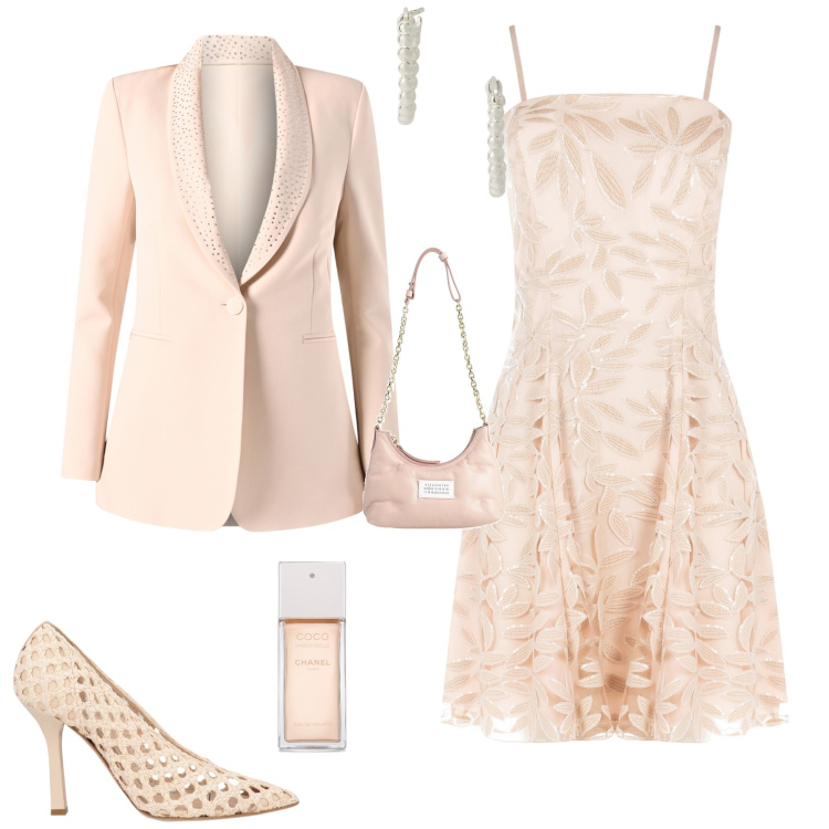 Outfit donna - Cerimonia evento serata speciale. Stile Romantica per Cerimonia. Abbinamento con profumi, décolleté, borse a spalla, vestiti corti, blazer, orecchini.