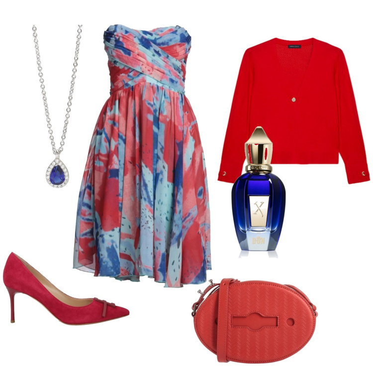 Outfit donna - Total look #2082141. Stile Bon Ton per Serata fuori. Abbinamento con vestiti corti, décolleté, borse a tracolla, profumi, collane, cardigans.