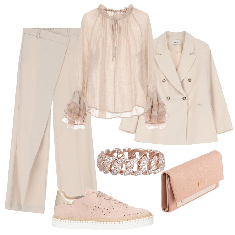 Outfit donna - Volant e pizzo evanescente. Stile Glamour per Serata fuori. Abbinamento con sneakers, anelli, pantaloni, bluse, blazer, portafogli.