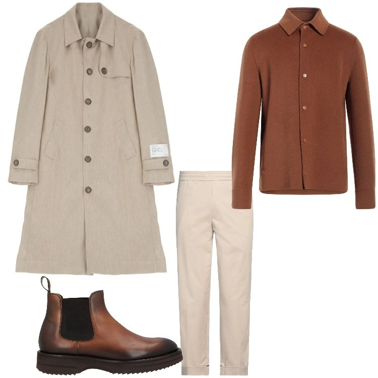 Outfit uomo - Sotto la pioggia. Stile Business/Elegante per Ufficio. Abbinamento con stivali e stivaletti, pantaloni, camicie, trench.