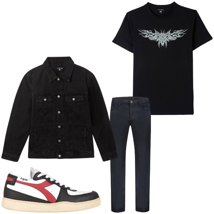 Outfit uomo - Nero denim. Stile Casual per Tutti i giorni. Abbinamento con sneakers, giacche, t-shirt, pantaloni.