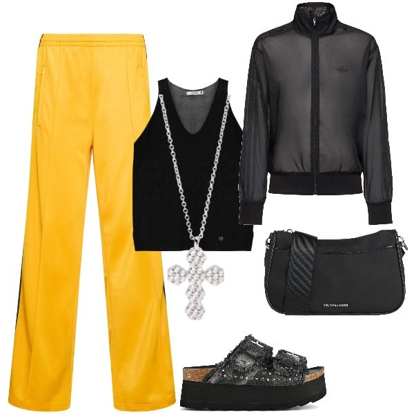 Outfit donna - Sporty. Stile Sporty chic per Tutti i giorni. Abbinamento con borse a tracolla, ciondoli, top, zeppe, felpe, pantaloni.