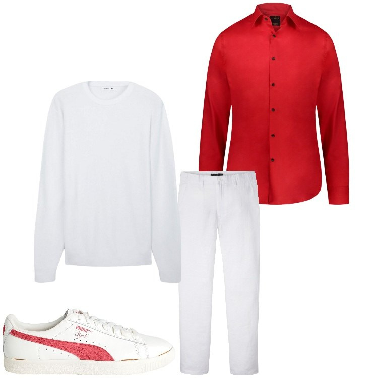 Outfit uomo - Bianco rosso. Stile Casual per Tutti i giorni. Abbinamento con pantaloni, sneakers, maglieria, camicie.