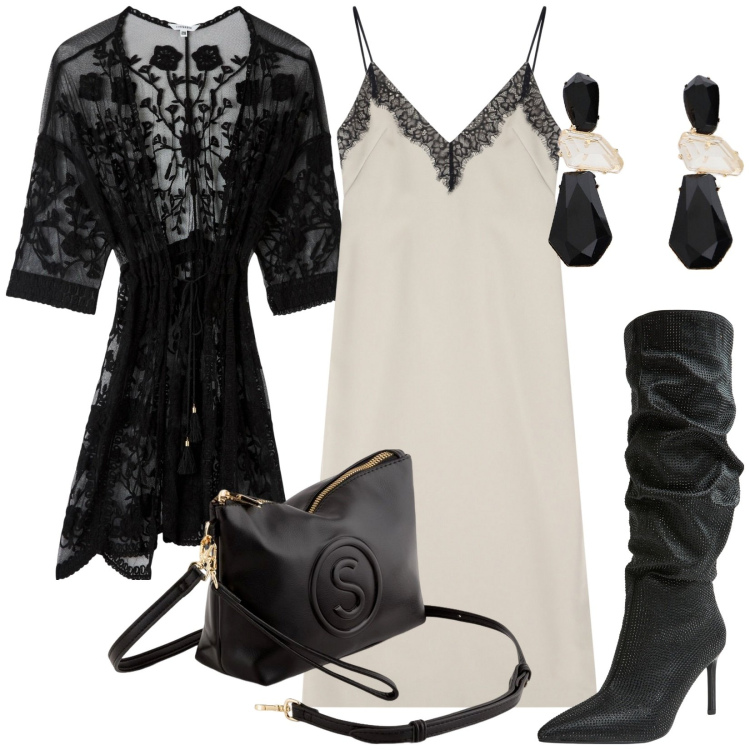 Outfit donna - Sexy bohemien. Stile Sexy per Serata fuori. Abbinamento con kimono, stivali, vestiti midi/longuette, orecchini, valigie.