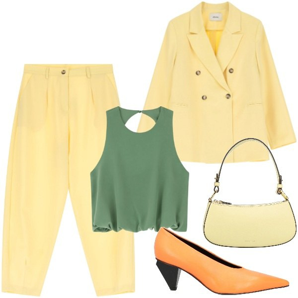 Outfit donna - Completo burro. Stile Chic per Ufficio. Abbinamento con borse a mano, décolleté, top, pantaloni, blazer.