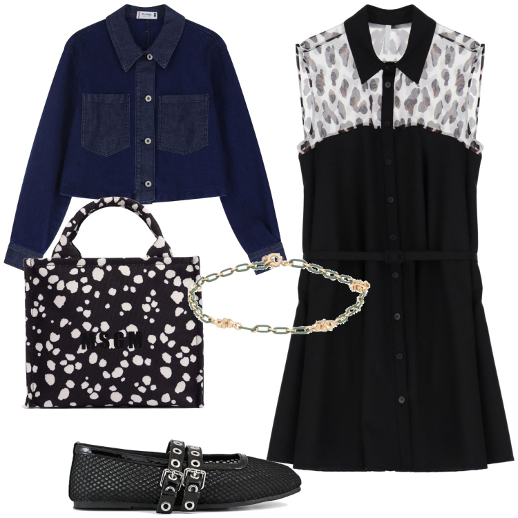 Outfit donna - Un abitino. Stile Trendy per Ufficio. Abbinamento con braccialetti, blazer, vestiti corti, ballerine, shopping bag.