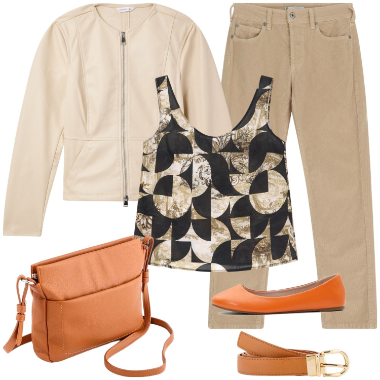 Outfit donna - Colazione con le amiche. Stile Casual per Tutti i giorni. Abbinamento con ballerine, blazer, pantaloni, top, borse a tracolla, cinture.