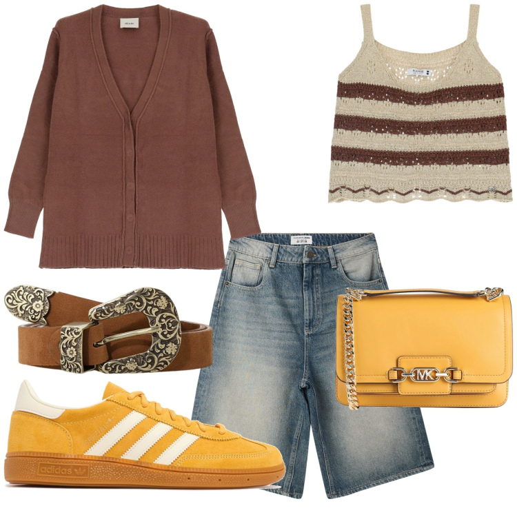 Outfit donna - Total look #2082189. Stile Trendy per Tutti i giorni. Abbinamento con borse a spalla, bermuda, top, cardigans, cinture, sneakers.
