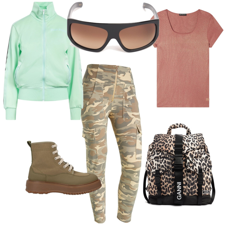 Outfit donna - Total look. Stile Military per Tutti i giorni. Abbinamento con stivaletti, felpe, pantaloni cargo, t-shirt, zaini, occhiali da sole.