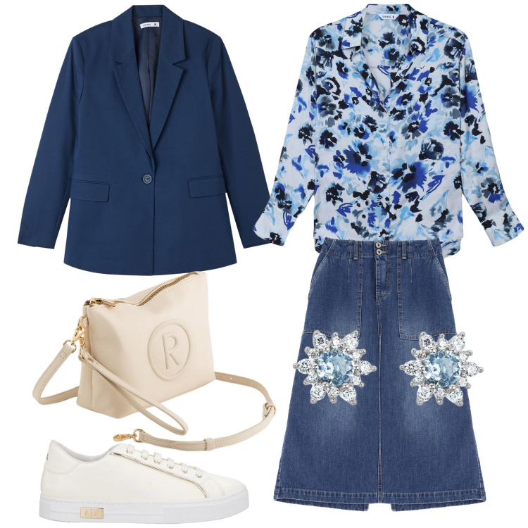 Outfit donna - La camicia con i fiori blu. Stile Romantica per Tutti i giorni. Abbinamento con sneakers, camicie, blazer, orecchini, gonne, valigie.