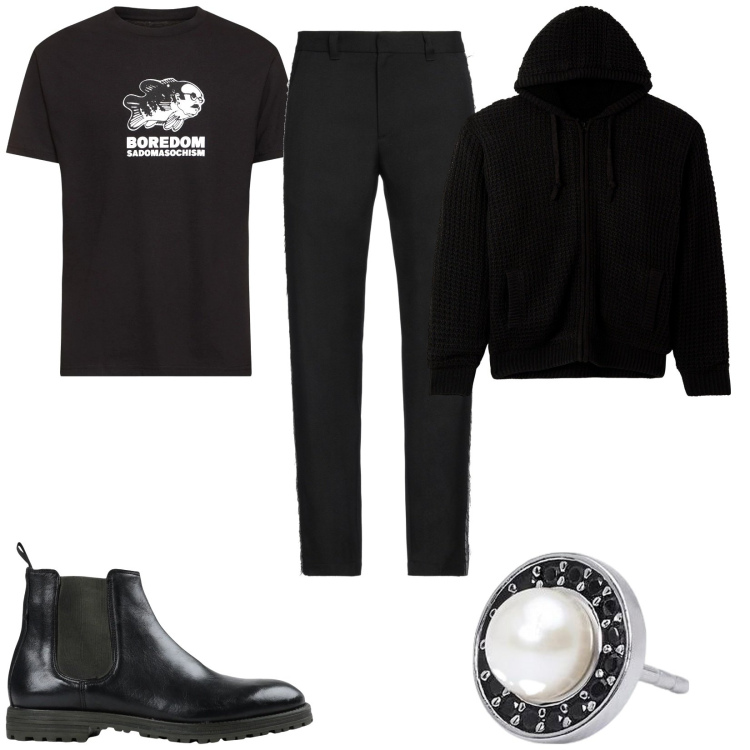 Outfit uomo - Stampe e scritte. Stile Trendy per Tutti i giorni. Abbinamento con stivali e stivaletti, jeans dritti, cardigans, orecchini, t-shirt.