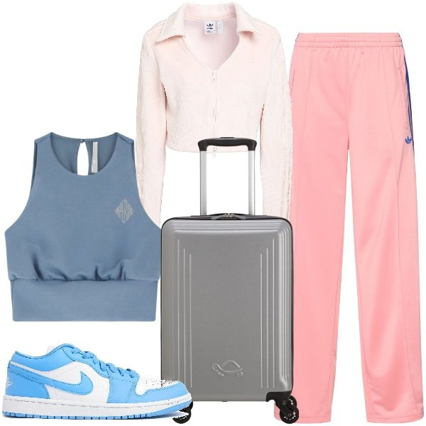 Outfit donna - in viaggio. Stile Sporty chic per Tutti i giorni. Abbinamento con felpe, top, sneakers, pantaloni, valigie.