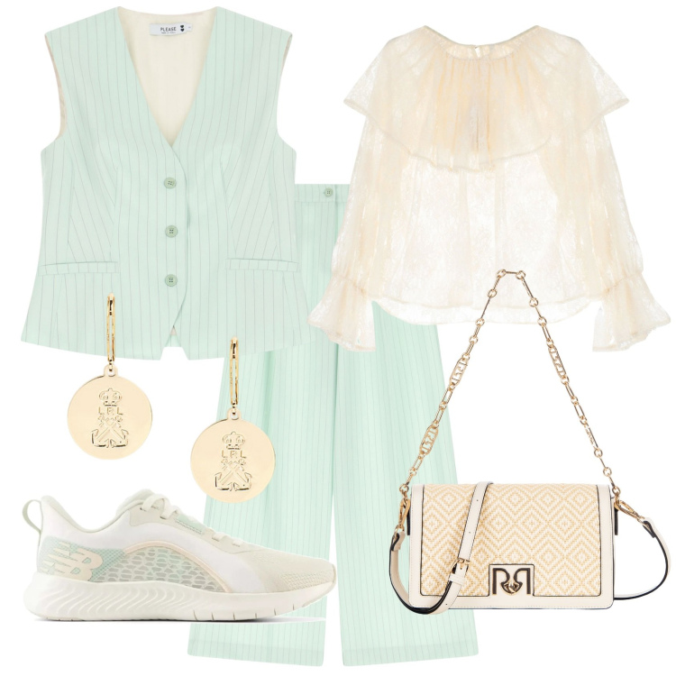 Outfit donna - Comoda eleganza. Stile Romantica per Tutti i giorni. Abbinamento con sneakers, borse a spalla, gilet, pantaloni a palazzo, camicie, orecchini.