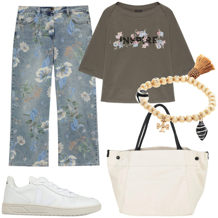 Outfit donna - Primavera boho. Stile Boho per Tutti i giorni. Abbinamento con sneakers, braccialetti, borse a mano, felpe, jeans dritti.