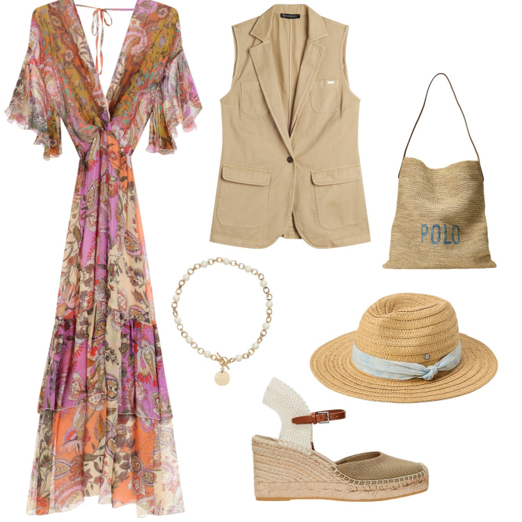 Outfit donna - Come una figlia dei fiori. Stile Boho per Tutti i giorni. Abbinamento con gilet, vestiti lunghi, collane, borse tote, espadrillas, cappelli.