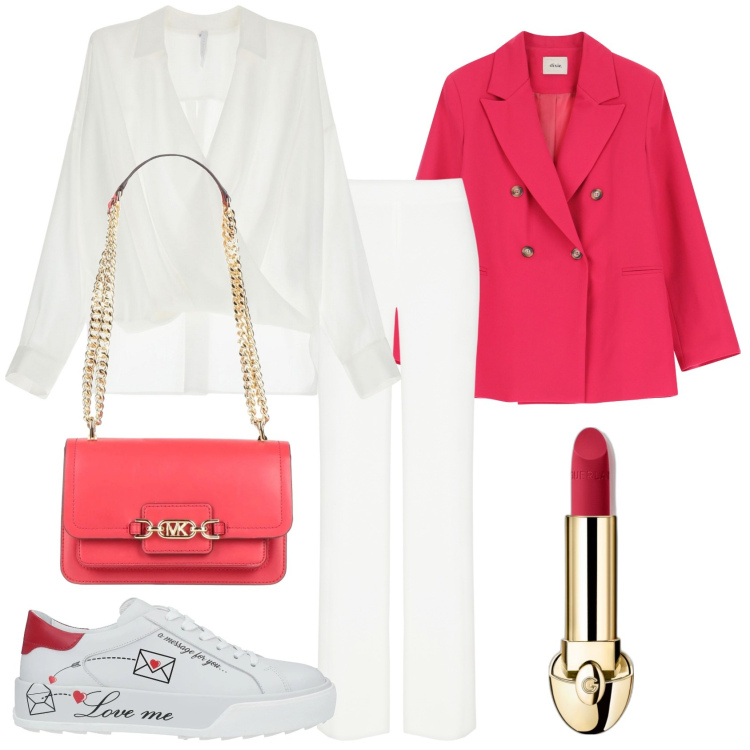 Outfit donna - Bianco e rosso spring. Stile Sporty chic per Tutti i giorni. Abbinamento con sneakers, borse a spalla, rossetti, pantaloni a palazzo, bluse, blazer.