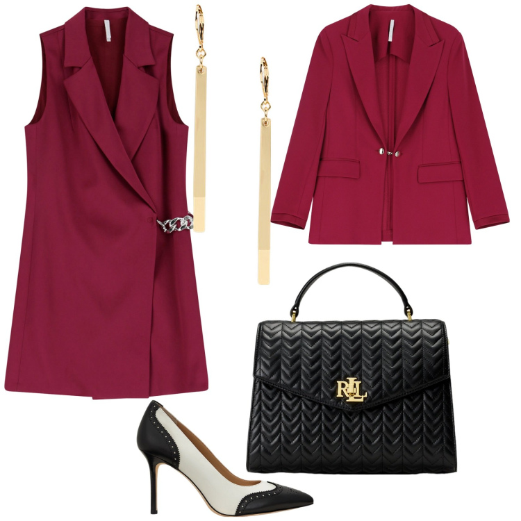 Outfit donna - Imperial riunione. per Ufficio. Abbinamento con blazer, vestiti corti, orecchini, borse a mano, décolleté.