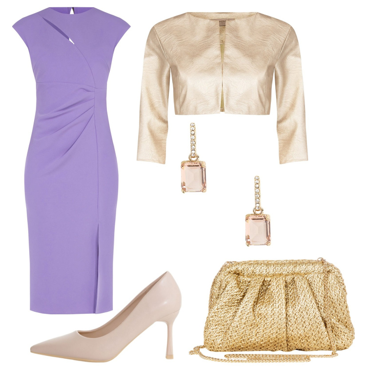 Outfit donna - Toni pastello in primavera. Stile Chic per Cerimonia. Abbinamento con bolero, vestiti midi/longuette, clutch, décolleté, orecchini.
