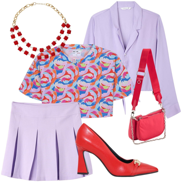 Outfit donna - Fior di lillà. Stile Romantica per Tutti i giorni. Abbinamento con camicie, t-shirt, gonne, décolleté, collane, borse a tracolla.