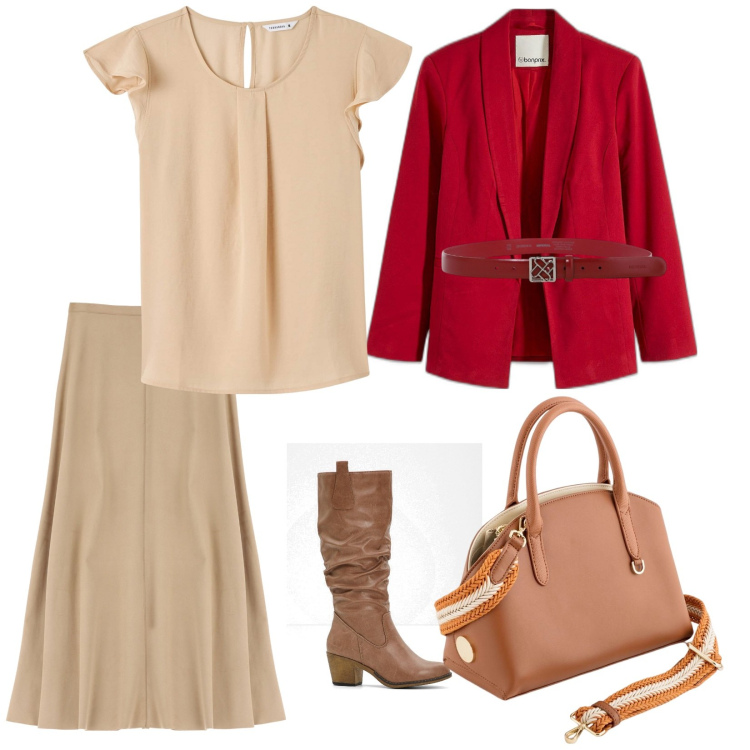 Outfit donna - Ultimi giorni con gli stivali. per Tutti i giorni. Abbinamento con stivali, blazer, bluse, cinture, gonne longuette, borse a mano.
