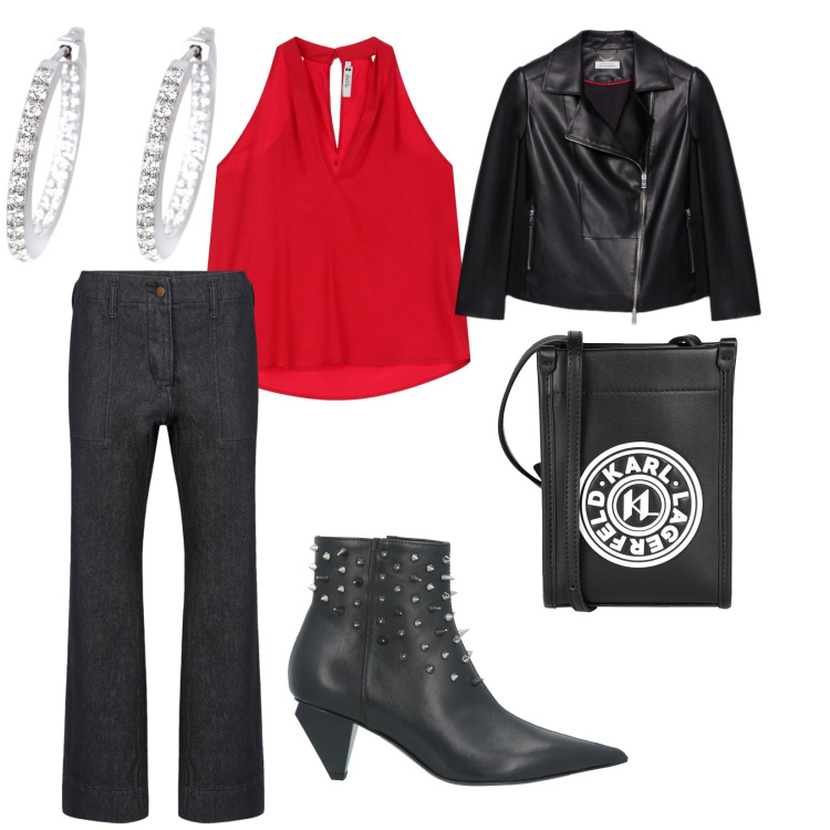Outfit donna - Andiamo al concerto. per Serata fuori. Abbinamento con borse a tracolla, stivaletti, orecchini, top, pantaloni, blazer.
