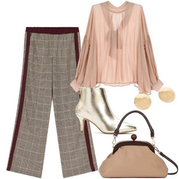 Outfit donna - tronchetto dorato. Stile Trendy per Serata fuori. Abbinamento con stivaletti, camicie, pantaloni, orecchini, clutch.