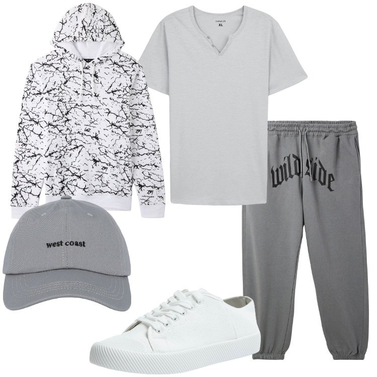 Outfit uomo - In puro stile casual. Stile Casual per Tutti i giorni. Abbinamento con t-shirt, cappelli con visiera, felpe con cappuccio, sneakers, pantaloni.
