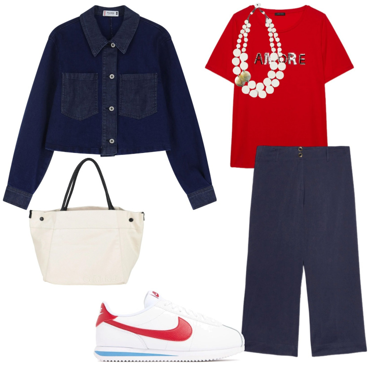 Outfit donna - Sportiva e confort. per Mare. Abbinamento con borse a mano, blazer, t-shirt, pantaloni, sneakers, ciondoli.