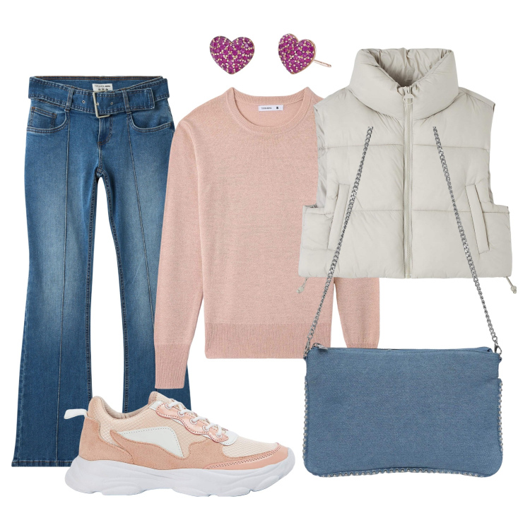 Outfit donna - Smanicato nuova collezione. Stile Urban per Tutti i giorni. Abbinamento con piumini, borse a tracolla, maglieria, jeans a zampa, sneakers, orecchini.
