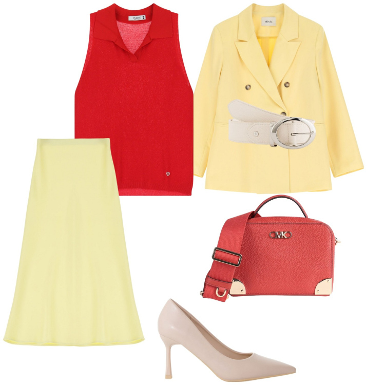 Outfit donna - Ordinata. per Tutti i giorni. Abbinamento con borse a tracolla, top, gonne longuette, décolleté, blazer, cinture.